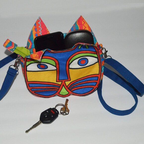 Cat-On-the-Bag A-Mews-Ing Kitty Face Fun Colorful Crossbody Bag | One Pocket Sli - Picture 5 of 7